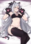  1girl absurdres animal_ear_fluff animal_ears animal_hands blue_eyes blush bra breasts cat_ears cat_hair_ornament cat_paws cat_tail clothing_cutout cone_hair_bun frilled_bra frills gloves grey_hair hair_bun hair_ornament highres hololive hololive_indonesia long_hair looking_at_viewer medium_breasts navel panties paw_gloves paw_pose ribbon side-tie_panties solo tail thighhighs torpedo_(gad3757) underwear vestia_zeta virtual_youtuber 