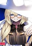  1girl black_bow black_bowtie blonde_hair blue_eyes blush bow bowtie braid breasts fate/grand_order fate_(series) glasses hair_over_shoulder hat highres large_breasts long_hair looking_at_viewer mitisu_u robe round_eyewear signature single_braid smile solo tonelico_(fate) two-tone_headwear upper_body white_headwear wide_sleeves witch_hat 