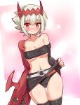  1girl abs bandeau bare_shoulders black_panties blue_background breasts clothes_lift colored_skin cougar_(cougar1404) dragon:_marked_for_death empress_(dmfd) grey_hair headgear looking_at_viewer medium_breasts miniskirt panties red_eyes red_headwear red_skin revealing_clothes scar scar_on_cheek scar_on_face short_hair skirt skirt_lift solo standing underwear 
