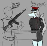  anon_(snoot_game) anthro clothed clothing cyrillic_text dialogue duo fang_(gvh) female goodbye_volcano_high gun human kalashnikov male mammal pterodactylus pterosaur ranged_weapon reptile rifle russian_text scalie simple_background snoot_game spot_color text unknown_artist weapon wings 