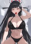  1girl black_bra black_hair blue_archive bra breasts cleavage condom condom_in_mouth cropped halo hood_(james_x) large_breasts long_hair mouth_hold navel non-web_source red_eyes rio_(blue_archive) underwear 