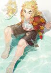  1boy alternate_costume bare_legs barefoot black_shorts blonde_hair closed_mouth feet flame_print floral_print forked_eyebrows highres jacket kimetsu_no_yaiba long_hair male_focus multicolored_hair orange_hair red_jacket remsor076 rengoku_kyoujurou shirt shoes shorts smile sneakers toes two-tone_hair water white_shirt yellow_eyes 