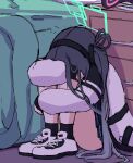  1girl aris_(blue_archive) bed black_hair black_socks blue_archive crying dr_yamero drawer hairband halo highres jacket long_hair on_floor socks solo very_long_hair white_footwear white_jacket 