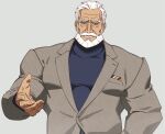  1boy bara beard beckoning blazer blue_eyes dark-skinned_male dark_skin facial_hair grey_background handkerchief highres jacket jp_(street_fighter) large_pectorals long_hair male_focus mature_male muscular muscular_male mustache old old_man pectorals sa1k0p smile solo street_fighter street_fighter_6 thick_eyebrows thick_mustache turtleneck upper_body white_hair 