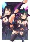  2girls ;d absurdres arm_up armpits bare_shoulders black_armband black_hair black_leotard blush boots breasts brown_eyes cleavage closed_mouth collar demon_girl demon_horns demon_tail demon_wings detached_sleeves green_hair hand_on_own_chest high_heel_boots high_heels highres horns idolmaster idolmaster_cinderella_girls idolmaster_cinderella_girls_starlight_stage kaiso_(kaisooekaki) large_breasts leotard long_hair looking_at_viewer multiple_girls ohishi_izumi one_eye_closed open_mouth short_hair sleeveless smile spotlight tail takafuji_kako wings yellow_eyes 
