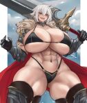 1girl abs armor bikini_armor black_armor breasts cape cleavage cloud cloudy_sky commission earclip fur-trimmed_armor fur_trim gauntlets gigantic_breasts highres holding holding_sword holding_weapon huge_weapon leg_armor looking_at_viewer muscular muscular_female nastart navel original red_cape red_eyes shiny_skin short_hair shoulder_armor skindentation sky solo sword teeth thick_thighs thighs veins veiny_breasts weapon white_hair 