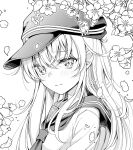  1girl anchor_symbol blush closed_mouth flat_cap greyscale hair_between_eyes hat hibiki_(kancolle) hikobae kantai_collection long_hair monochrome neckerchief petals portrait sailor_collar school_uniform serafuku sidelocks solo 