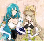  2girls bare_shoulders blonde_hair blue_hair breasts celine_(fire_emblem) chloe_(fire_emblem) crown dress fire_emblem fire_emblem_engage green_eyes hand_on_own_hip helen_(helen2210hk) highres large_breasts long_hair multiple_girls open_mouth swept_bangs 