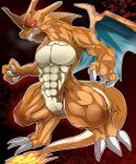  2016 3_fingers 3_toes abs absurd_res angry anthro blue_wings charizard claws countershading digital_media_(artwork) dragonryuusuki feet fingers fire generation_1_pokemon glare hi_res long_claws male membrane_(anatomy) membranous_wings muscular muscular_anthro muscular_male muscular_thighs nintendo orange_body pecs pokemon pokemon_(species) red_eyes sharp_teeth solo standing tail tan_body teeth toes white_claws wings 