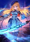  1girl absurdres aqua_eyes beret black_gloves black_thighhighs blonde_hair blue_headwear commission copyright_request dress gloves grey_dress hakusyokuto hat highres long_hair long_sleeves looking_at_viewer skeb_commission smile solo standing sword thighhighs weapon wide_sleeves 