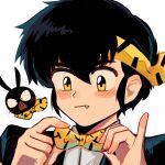  1boy animal bandana black_hair blush blush_stickers bow dual_persona fang formal hair_between_eyes hibiki_ryouga highres looking_down p-chan pig ranma_1/2 simple_background white_background yellow_bandana yellow_bow yellow_eyes 