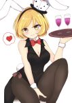  1girl animal_ears black_leotard black_thighhighs blonde_hair bow bowtie breasts champagne_flute cleavage commentary cup detached_collar dice drinking_glass english_commentary fake_animal_ears fake_tail genderswap genderswap_(otf) hand_on_own_thigh heart highres holding holding_tray len&#039;en leotard looking_at_viewer medium_breasts ougi_hina playboy_bunny rabbit_ears rabbit_tail red_bow red_bowtie short_hair simple_background sitting smile solo spoken_heart tail thighhighs tray white_background xeno_a yellow_eyes 