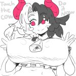  1girl animal_ears bell breasts cow_ears cow_horns cowbell english_text horns large_breasts meme multicolored_hair notnoe_(dxcl) red_eyes red_horns smile solo touch_the_cow_(meme) touhou two-tone_hair upper_body ushizaki_urumi white_background 