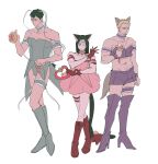  3boys absurdres animal_ears arm_strap bandaged_head bandages bertolt_hoover blank_stare blonde_hair boots bra cat_boy cat_ears cat_tail dress eren_yeager facial_hair frilled_straps frills full_body gloves goatee green_dress hand_up heart height_difference highres knee_boots leg_wrap long_hair looking_at_viewer magical_boy male_focus multiple_boys muscular muscular_male navel official_alternate_hairstyle parody_request pectorals pink_dress purple_bra reiner_braun sad shingeki_no_kyojin short_hair standing stomach syabbal-i tail thigh_boots tokyo_mew_mew toned toned_male underwear wolf_tail 
