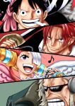  1girl 3boys absurdres black_cape black_hair cape closed_mouth facial_hair father_and_daughter gordon_(one_piece) grey_hair hair_over_one_eye hat headphones highres holding holding_sword holding_weapon long_hair monkey_d._luffy multicolored_hair multiple_boys musical_note one_eye_covered one_piece one_piece_film:_red pirate_hat purple_eyes red_hair riku_(rikuw223xx) scar scar_across_eye scar_on_cheek scar_on_face shanks_(one_piece) short_hair smile sunglasses sword teeth twintails two-tone_hair uta_(one_piece) weapon 