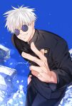  1boy blue_eyes colored_eyelashes commentary_request cowboy_shot fingernails gojou_satoru grin hand_in_pocket high_collar highres jujutsu_kaisen korean_commentary long_sleeves looking_at_viewer male_focus roda round_eyewear short_hair signature smile solo sunglasses teeth white_hair 