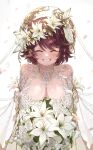  1girl ^_^ absurdres alternate_costume blush bouquet breasts bridal_veil brown_hair cleavage closed_eyes dress facial_hair falling_petals flower gokkudak grin head_wreath highres holding holding_bouquet huge_breasts last_origin lily_(flower) petals rose silky_(last_origin) smile solo veil wedding_dress white_dress white_flower white_rose 