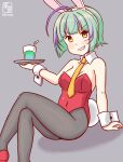  1girl animal_ears antenna_hair black_pantyhose blush bob_cut breasts covered_navel crossed_legs cup detached_collar fake_animal_ears green_hair inverted_bob kanon_(kurogane_knights) kantai_collection leotard looking_at_viewer multicolored_hair neckerchief one-hour_drawing_challenge pantyhose playboy_bunny purple_hair rabbit_ears rabbit_tail red_leotard short_hair sitting small_breasts smile solo strapless strapless_leotard tail take_(kancolle) tray wrist_cuffs yellow_eyes yellow_neckerchief 