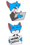  &lt;3 anthro blue_body blue_fur cheek_tuft clothing domestic_cat dry_erase_board english_text facial_tuft fangs felid feline felis fur half-closed_eyes hi_res hoodie jay-r jay-r_(character) looking_at_viewer male mammal marker meme multicolored_body multicolored_fur narrowed_eyes simple_background smile smirk smug smug_face solo teeth text tongue tongue_out topwear tuft two_tone_body two_tone_fur white_background white_body white_fur 