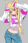  1girl absurdres ahoge arms_up blonde_hair bocchi_the_rock! brown_eyes closed_mouth contrapposto copyright_name cowboy_shot crop_top denim detached_ahoge double_v grey_background highres ijichi_nijika jacket jeans long_hair long_sleeves looking_at_viewer navel pants print_jacket simple_background solo standing v white_jacket yamashita_shun&#039;ya 