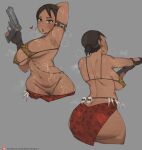  1girl arm_up armpits ass back bob_(bobtheneet) breasts censored covered_nipples dark-skinned_female dark_skin earrings fingerless_gloves from_behind gloves grey_background gun heart holding holding_gun holding_weapon hoop_earrings jewelry large_breasts lips mosaic_censoring multiple_views navel resident_evil resident_evil_5 sheva_alomar short_hair short_ponytail simple_background skull sweat tribal underboob weapon 