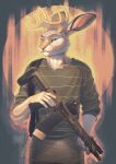  anthro antlers armed azuza clothing ears_back fur grey_body grey_fur hare hi_res horn jackalope lagomorph leporid male mammal pattern_clothing pivoted_ears rabbit standing striped_clothing stripes tuft windsnowandstatic 