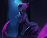  1girl all_fours black_skin colored_skin crescent_moon evelynn_(league_of_legends) grey_hair grey_skin half-closed_eyes league_of_legends looking_at_viewer moon moonlight night open_door parted_lips pink_hair pink_skin red_lips shiny_skin sidelocks solo vatheja 