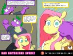  abuse anthro bath_towel breasts cleavage clothed clothing comic dialogue dominant dominant_male dragon duo english_text equid equine female fluttershy_(mlp) friendship_is_magic hasbro horse makeup_brush male mammal muscular muscular_male my_little_pony pegasus pony punch punching_face ryona spike_(mlp) sugslimic text violence wings 
