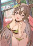  +_+ 1girl absurdres animal_ears bikini blurry blurry_background breasts brown_eyes brown_hair clenched_hand collar commentary_request filkia hair_between_eyes hair_ornament highres horse_ears horse_girl looking_at_viewer medium_breasts nervous_sweating open_mouth pointing pool pov pov_hands satono_diamond_(umamusume) slide solo_focus sweat swimsuit translation_request umamusume 