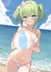  1girl absurdres ahoge ball beach beachball bikini blush breasts closed_mouth cloud clover collarbone commission cowboy_shot day four-leaf_clover green_eyes green_hair hair_ornament hazuki_ryoku highres holding holding_ball indie_virtual_youtuber looking_at_viewer medium_hair navel ocean okiq outdoors short_twintails side-tie_bikini_bottom skeb_commission sky small_breasts solo swimsuit twintails virtual_youtuber water white_bikini 