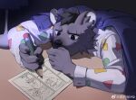  1boy absurdres arknights black_background black_claws chinese_commentary claws desk drawing furry furry_male grey_fur highres holding holding_pencil hyena_boy hyena_ears lamp pajamas pencil spot_(arknights) sword weapon weibo_logo weibo_username xian_goutou_hz 