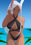  1girl abs adjusting_hair animal_ears bare_shoulders bikini black_bikini blue_sky boku_no_hero_academia breasts cleavage criss-cross_halter dark-skinned_female dark_skin halterneck hand_up highleg highleg_bikini highres kritta88 large_breasts long_eyelashes long_hair looking_at_viewer mirko navel outdoors parted_bangs ponytail rabbit_ears rabbit_girl red_eyes sky smile solo stomach swimsuit thigh_gap thighs toned very_long_hair white_hair 