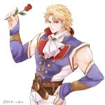  1boy ascot blonde_hair closed_mouth commentary_request detached_sleeves dio_brando ear_birthmark flower grm_jogio hand_on_own_hip holding holding_flower jojo_no_kimyou_na_bouken long_hair male_focus phantom_blood red_eyes red_flower red_rose rose simple_background smile solo white_background 