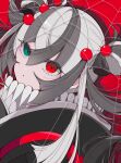  1girl fate/grand_order fate_(series) green_eyes grey_hair hair_bobbles hair_ornament hair_rings heterochromia highres i10_ksw kashin_koji_(fate) long_hair neck_ruff red_background red_eyes silk spider_web 