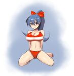  1girl bare_legs barefoot blue_hair bow breasts commentary english_commentary hair_bow highres konikotaka long_hair looking_at_viewer navel red_bow solo the_office 