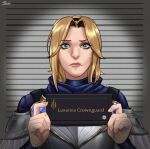  1girl aqua_eyes armor barbie_(franchise) barbie_(live_action) barbie_mugshot_(meme) blonde_hair commentary english_commentary frown height_chart height_mark holding holding_sign league_of_legends lux_(league_of_legends) meme mugshot nameplate portrait sign signature snow_weiss_(xsnow_weissx) solo sweat 