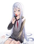  1girl absurdres blue_eyes bow eating grey_hair hair_between_eyes highres litch1801 long_hair long_sleeves looking_at_viewer project_sekai sitting solo two-tone_neckerchief very_long_hair white_hair yoisaki_kanade 