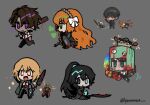  2girls 4boys animal_on_head animalization aqua_eyes baseball_bat bird black_coat black_eyes black_hair black_pants blonde_hair blood bow brown_hair chibi chick coat dante_(limbus_company) dark-skinned_male dark_skin don_quixote_(limbus_company) e.g.o_(project_moon) grey_background hair_bow hat heathcliff_(limbus_company) heterochromia high_ponytail holding holding_baseball_bat holding_shield hong_lu_(limbus_company) instrument ishmael_(limbus_company) limbus_company long_hair maracas meursault_(limbus_company) multiple_boys multiple_girls necktie on_head orange_hair pants project_moon purple_eyes red_eyes red_necktie shield sinclair_(limbus_company) sombrero sparkling_eyes vergilius_(project_moon) very_long_hair white_bow yellow_eyes yemmeu 