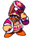  1boy blue_eyes blue_fur english_commentary full_body fur_trim furry furry_male gloves hammer hat holding holding_hammer king_dedede kirby_(series) long_sleeves lowres megadinkloid open_clothes open_robe over_shoulder pixel_art pom_pom_(clothes) red_headwear red_robe red_sash robe sash smile star_(symbol) teeth transparent_background triangle_print two-tone_sash v-shaped_eyes weapon weapon_over_shoulder yellow_gloves yellow_sash 