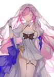  1girl annnnq breasts cleavage closed_eyes dress elysia_(herrscher_of_human:ego)_(honkai_impact) elysia_(honkai_impact) gloves highres honkai_(series) honkai_impact_3rd large_breasts long_hair pink_hair simple_background solo standing thigh_strap veil very_long_hair white_background white_dress white_gloves 