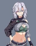  1girl absurdres bandeau black_gloves braid breasts cleavage clothing_cutout commentary cowboy_shot facial_mark fingerless_gloves girls&#039;_frontline gloves green_bandeau grey_background grey_hair grey_pants grin groin hair_between_eyes hand_on_own_hip highres long_sleeves looking_at_viewer medium_breasts medium_hair midriff navel pants purple_eyes sharp_teeth shoulder_cutout shrug_(clothing) simple_background single_bare_shoulder single_fingerless_glove sl8_(girls&#039;_frontline) smile solo standing teeth ve666ve 