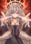  1girl armor black_armor closed_mouth crown dress fire_emblem fire_emblem_heroes foreshortening grey_hair hair_ornament long_sleeves looking_at_viewer official_alternate_costume official_alternate_hair_length official_alternate_hairstyle outstretched_arm outstretched_arms outstretched_hand reaching reaching_towards_viewer red_eyes scale_armor short_hair solo ten_(tenchan_man) veronica_(fire_emblem) 