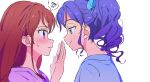 2girls aikatsu! aikatsu!_(series) blue_eyes blue_hair blue_scrunchie blue_shirt blush closed_mouth commentary_request eye_contact face-to-face from_side hair_ornament hair_scrunchie half-closed_eyes hands_up highres kiriya_aoi long_hair looking_at_another multiple_girls ponytail profile purple_shirt red_hair scrunchie shibuki_ran shirt side_ponytail simple_background smile sweatdrop upper_body white_background yamamura_saki 