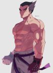  1boy abs absurdres belt biceps black_eyes blurry clenched_hands closed_mouth collarbone commentary cowboy_shot depth_of_field fingerless_gloves gloves grey_background heterochromia highres looking_at_viewer male_focus martial_arts_belt mishima_kazuya muscular muscular_male navel no_nipples pants pectorals purple_belt red_eyes red_gloves scar scar_on_arm scar_on_cheek scar_on_chest scar_on_face serious simple_background solo spiked_hair standing tekken thick_eyebrows topless_male twitter_username white_pants zero-go 
