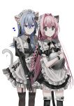  2girls :o alternate_costume animal_ear_fluff animal_ears apron black_bow black_dress black_gloves black_necktie black_thighhighs blue_eyes blue_hair bow braid cat_ears cat_girl cat_tail chihuri closed_mouth dress ende_(chihuri) enmaided frilled_apron frilled_thighhighs frills garter_straps gloves hair_bow highres holding holding_tray juliet_sleeves kemonomimi_mode long_hair long_sleeves maid maid_headdress multiple_girls nea_(chihuri) necktie original parted_lips pink_hair puffy_short_sleeves puffy_sleeves purple_eyes short_sleeves simple_background smile tail thighhighs tray very_long_hair white_apron white_background wrist_cuffs 