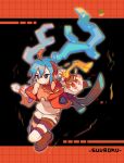  1girl ahoge aqua_hair blue_hair crossed_bangs fire_miku_(project_voltage) hair_between_eyes hatsune_miku headphones highres holding jacket long_hair long_sleeves multicolored_hair open_clothes open_jacket pokemon project_voltage red_hair shorts simple_background solo suuroku twintails very_long_hair vocaloid 