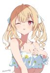  1girl ;p blonde_hair breasts cleavage crop_top floral_print h_(eitilog) hand_on_own_chest highres hoshikawa_sara long_hair nijisanji one_eye_closed pink_nails red_eyes simple_background solo tongue tongue_out twintails white_background 