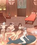  1boy 4girls animal_ears ass barefoot bathhouse bottle breasts brown_hair cat_ears cat_tail character_request completely_nude copyright_request cup drinking_glass footjob glasses grey_hair highres inflatable_toy inflatable_whale large_breasts large_penis looking_to_the_side mixed_bathing mr.takealook multiple_girls navel nude onsen penis red_wine rubber_duck short_hair spread_legs tail white_hair wine_bottle wine_glass 