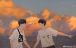  2boys alicia-95 black_hair cloud cloudy_sky gucci highres holding_hands looking_at_another multiple_boys real_life sean_xiao shirt sky wang_yibo weibo white_shirt 