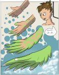  animal_humanoid avian avian_humanoid brown_eyes brown_hair colored comic dialogue english_text feathers gender_transformation green_body green_feathers growth hair hi_res human humanoid male mammal mid_transformation mtf_transformation nintendo reality_shift rito rito_humanoid schmen solo species_transformation speech_bubble surprised_expression text the_legend_of_zelda transformation wing_growth wings 